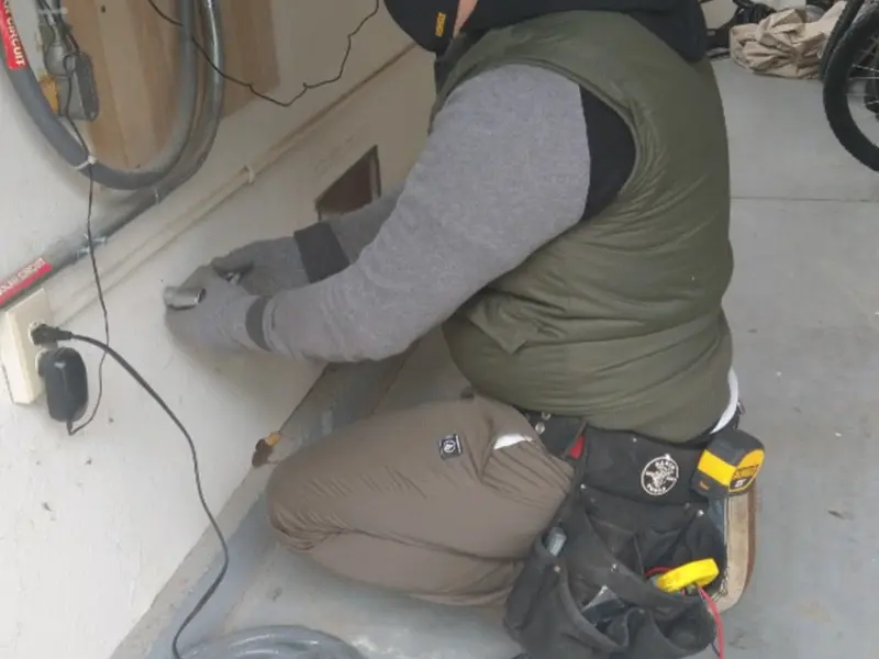 Electrician performing outlet wiring in a Isle of Palms garage